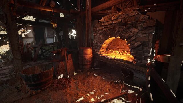 The old forge features a glowing hearth, surrounded by rustic tools and wooden barrels. Sunlight spills through cracks, illuminating the warm, inviting atmosphere of this traditional workshop.