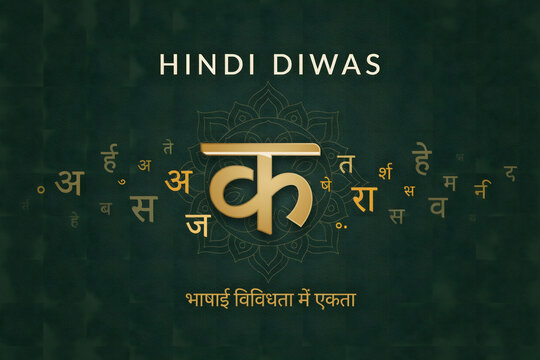 Hindi diwas with a large golden devanagari letter over a mandala pattern on a dark green background, with floating characters