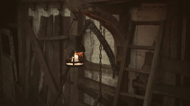 A lantern hangs from the ceiling, casting a warm glow in a rustic wooden room. Nearby, a ladder leans against the wall, showcasing the craftsmanship of the old structure.
