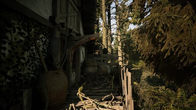 A wooden pathway runs alongside a rustic structure nestled among tall trees. Sunlight filters through the branches, illuminating the natural surroundings filled with greenery and moss.