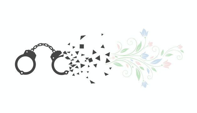 Concept of freedom is represented by broken handcuffs dissolving into beautiful flowers to symbolize hope and liberation.