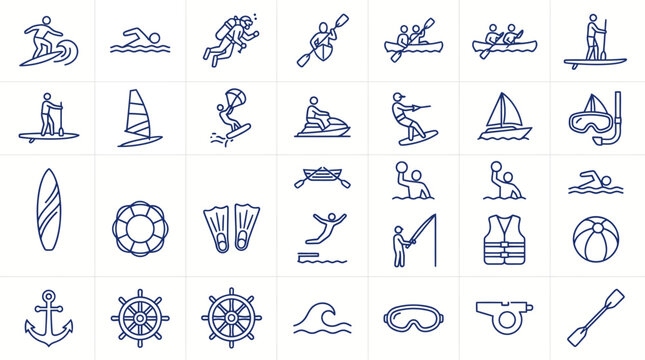 Water sports line icons set, nautical summer activities vector collection, blue outline swimming and surfing symbols for travel apps
