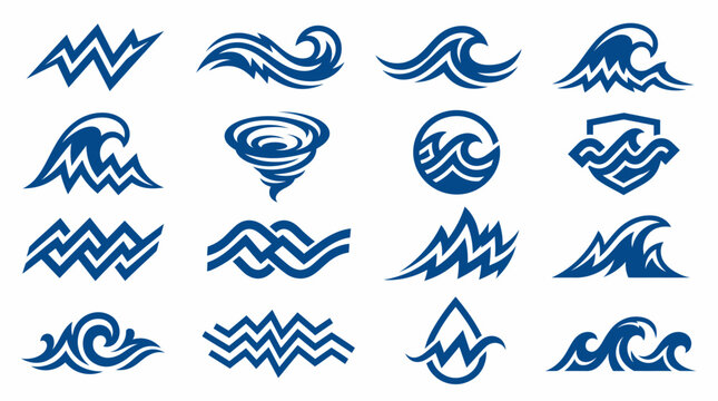 Minimalist water wave sea wave set featuring various blue ocean surf symbols and tidal icons