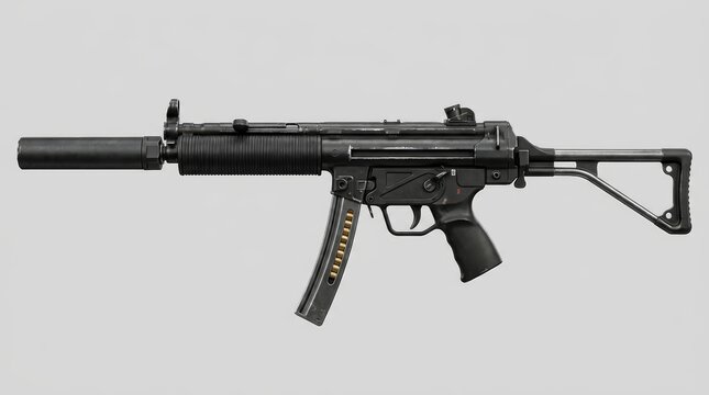 Highly detailed render of a black tactical MP5 submachine gun featuring a suppressor and a loaded magazine, isolated on a clean light gray background. Studio shot of a modern firearm.