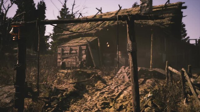 A weathered cabin stands alone, surrounded by wild plants and trees under bright sunlight. The atmosphere is quiet and nostalgic, evoking a sense of solitude in nature.