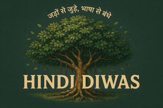 Hindi diwas celebration banner with a detailed banyan tree and hindi text on a dark green background, for indian national day