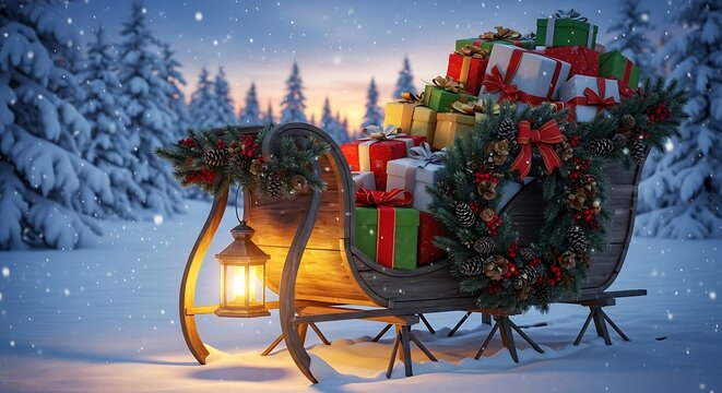Santa sleigh loaded with wrapped presents and glowing lantern in snow forest