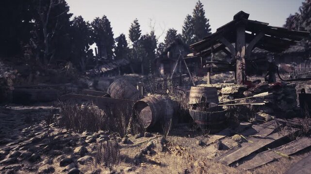 An overgrown area features fallen wooden structures and scattered barrels, surrounded by tall trees under a bright sky at early morning light, hinting at past activity and neglect.