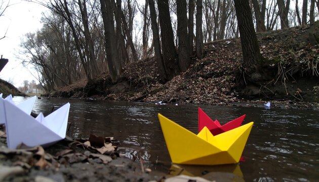 Colorful Paper Boats Floating on a Calm River in a Forest Scene