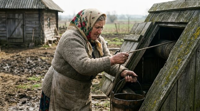 An elderly woman in traditional attire diligently draws water from an old wooden well in a rural village setting, symbolizing resilience and traditional life.