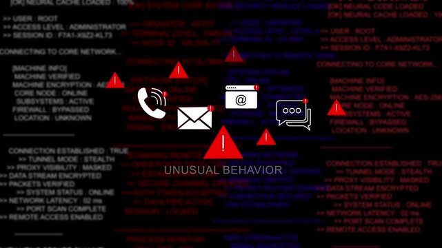 Cybersecurity threat alert featuring unusual behavior warning and digital network system code background, for enterprise data, protection, online privacy, breach detection, and, information security