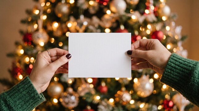 Hands Presenting Blank White Card in Front of Christmas Tree