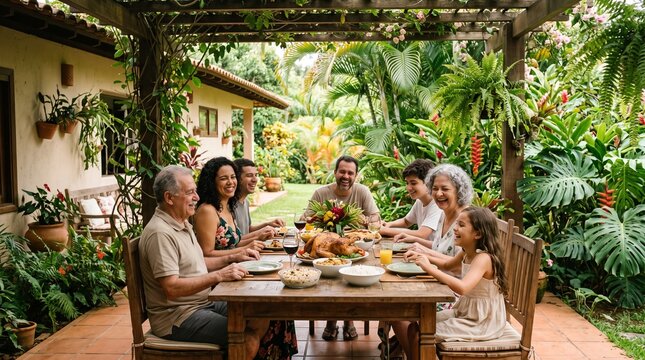 Happy Brazilian Family Enjoying Outdoor Meal in Garden