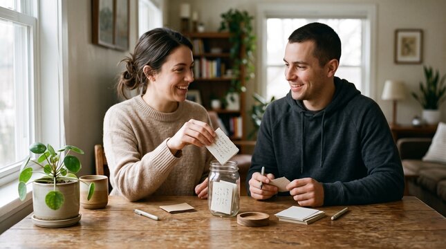 Happy couple enjoying coffee and conversation at home