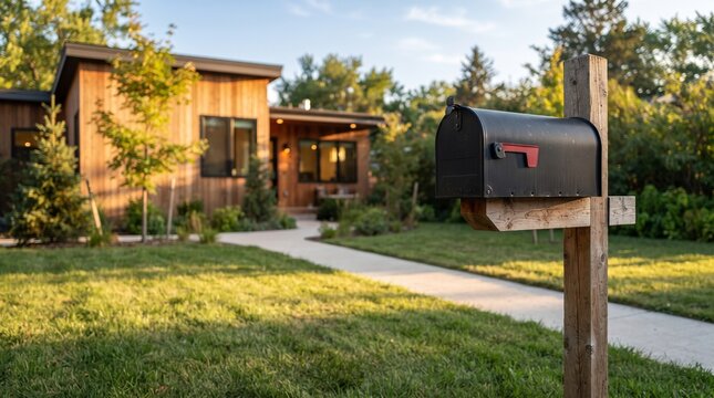 Black roadside mailbox on wooden post near suburban home