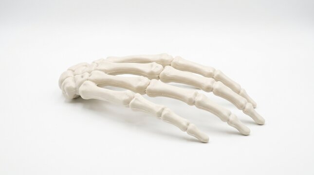 Close up of a realistic human hand skeleton bone structure isolated on a clean white background white background