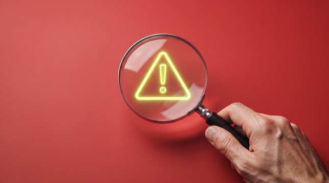Hand Holding Magnifying Glass with Warning Alert Symbol