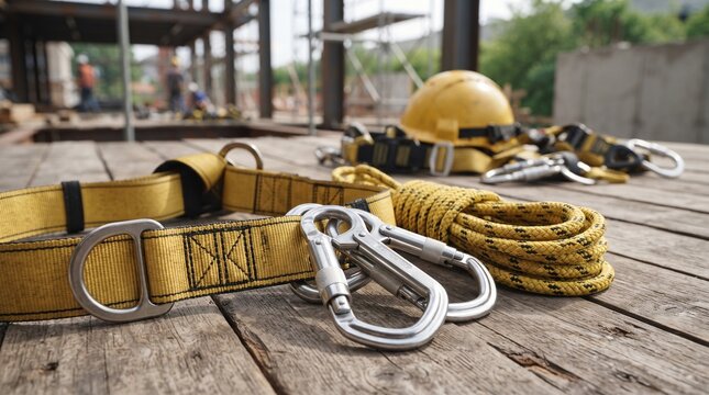 Safety equipment arranged on wooden surface for industrial safety
