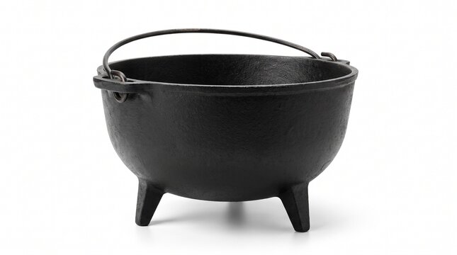 Traditional cast iron cauldron with a handle and three legs on a white background white background