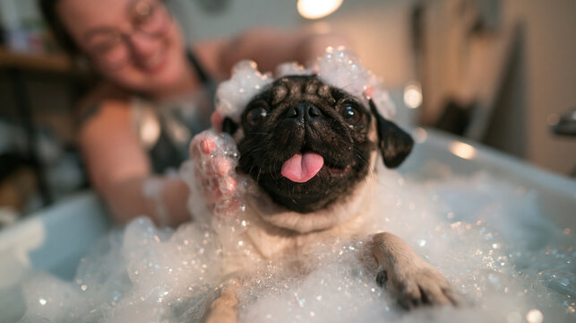 Cute Pug Dog Enjoying Bubble Bath in Bathtub