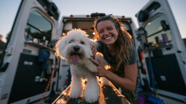 Happy Pet Groomer with Fluffy Dog in Mobile Van