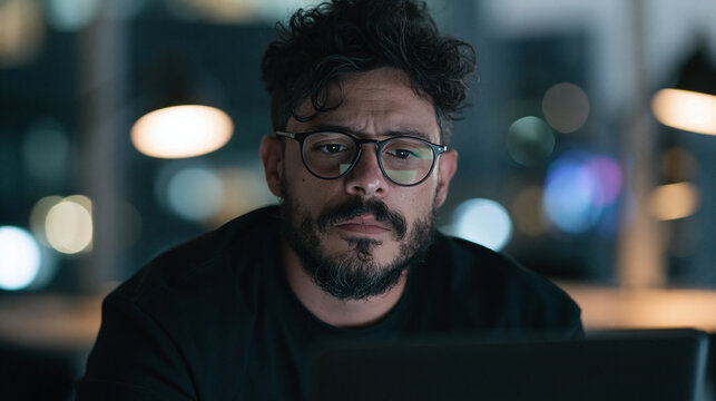 Focused Programmer Working Late on Laptop in Office