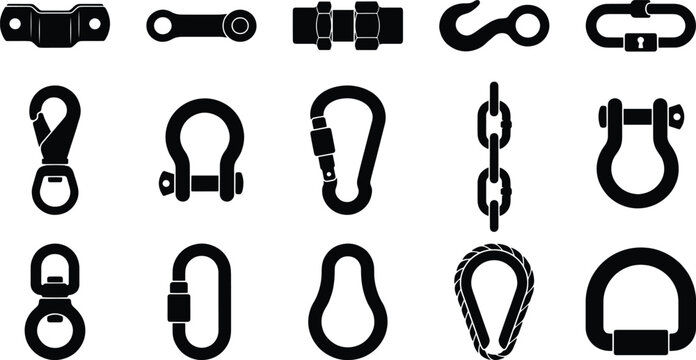 Industrial rigging hardware icons, 15 black vector carabiners and shackles, heavy duty metal climbing gear and nautical fasteners