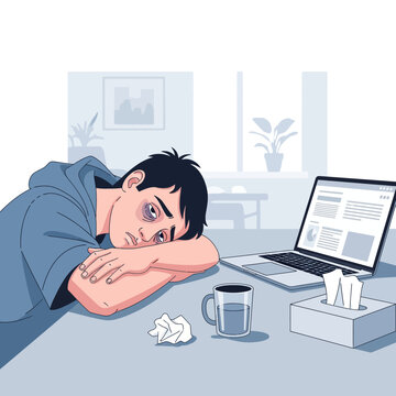 Exhausted Young Man With Dark Circles Under His Eyes Studying Late At His Desk