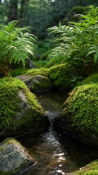 Small crystal clear stream flowing gently over mossy rocks in a lush deep forest setting captured in motion video footage