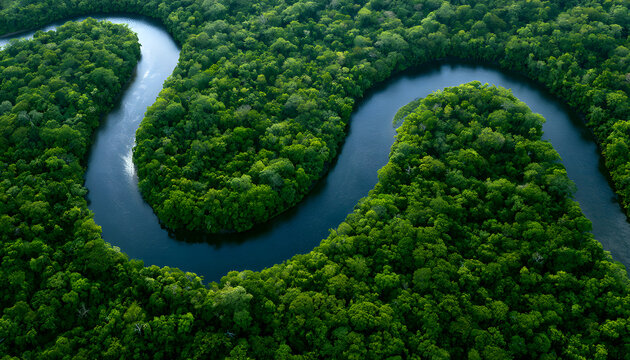 The Amazon Rainforest's Lush Green Canopy Is Divided By The River's Meandering Path