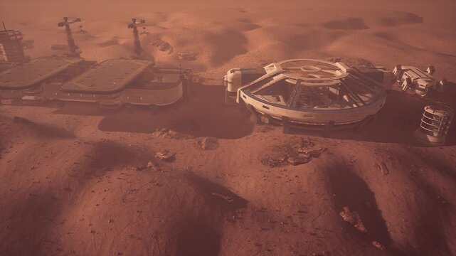 A futuristic colony on Mars features intricate structures designed for sustainable living. Advanced technology supports human life in a harsh, red landscape under a dusty atmosphere.