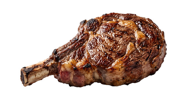 A delicious grilled ribeye steak with bone in presented as an isolated object on transparent background isolated on transparent background