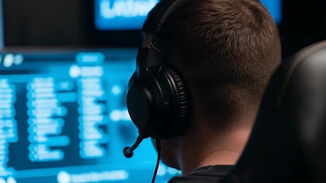 Focused young professional developer wearing high quality gaming headset while looking at complex programming code displayed on a computer screen in a dark modern office space