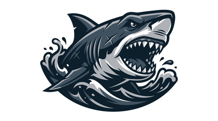 Naklejka premium Fierce great white shark mascot illustration featuring sharp teeth and dynamic ocean waves