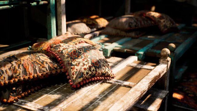 Colorful decorative pillows are arranged on rustic wooden shelves. The warm light creates a serene atmosphere, enhancing the vintage textures of the pillows and wood.