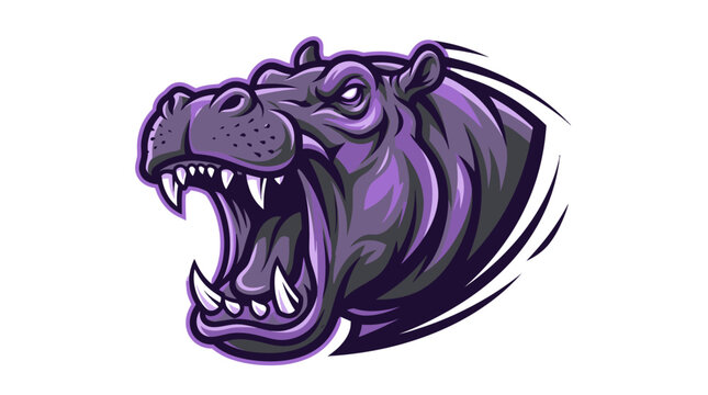 Aggressive purple hippopotamus mascot head with open mouth and sharp teeth, vector sports logo design