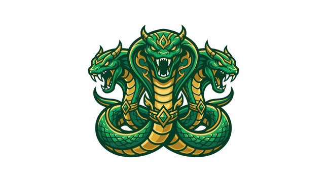 Fierce green three-headed cobra snake emblem logo vector illustration featuring aggressive scales and ornate details