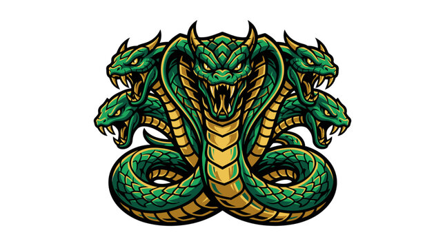 Fierce multi-headed green cobra snake mascot illustration with aggressive expression and detailed scales