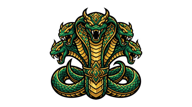 Fierce multi-headed green cobra snake mascot illustration with detailed scales and golden accents for esport team branding