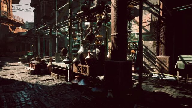 A bustling marketplace features a variety of pottery and crafts for sale. Sunlight casts interesting shadows across the cobblestone path and displays vibrant colors of local artisans.