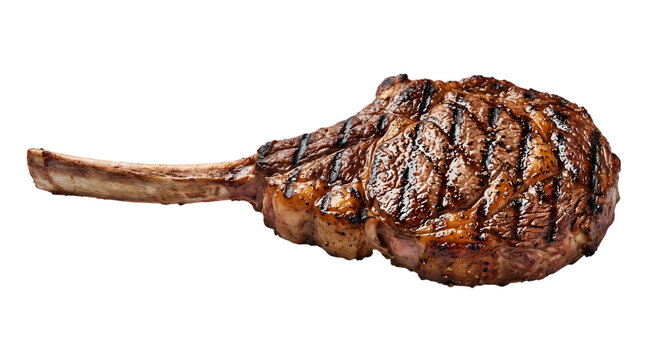 A delicious grilled tomahawk steak with char marks isolated on transparent background