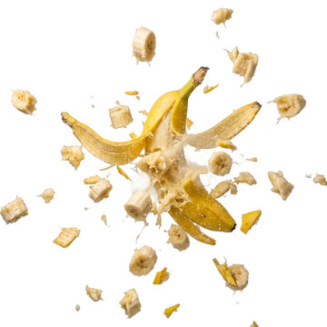 Exploding yellow banana fruit with sliced pieces flying outward on white background explosion isolated background ingredient nutrition potassium