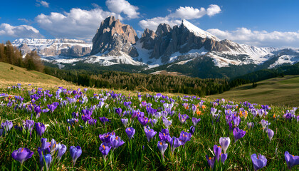 Naklejka premium Beautiful Dolomites landscape meadow with crocus flowers at Piz Sorega, South Tyrol