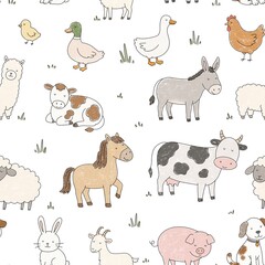 Naklejka premium Chalk farm animal characters creating hand drawn barnyard seamless pattern