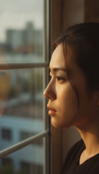 Thoughtful Young Asian Woman Looking Out Window at Cityscape, concept of contemplation and urban solitude