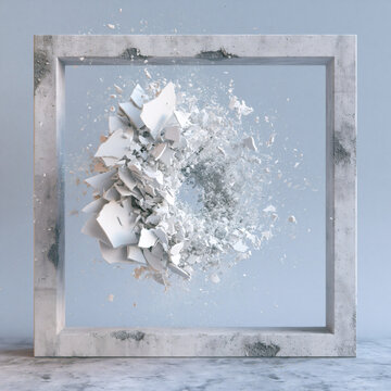 Ai generated abstract art of exploding white ceramic object in concrete frame with explosion