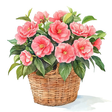 Camellia Bouquet In A Basket, whimsical watercolor vector illustration with vibrant highlights and delicate strokes, isolated on a white background.
