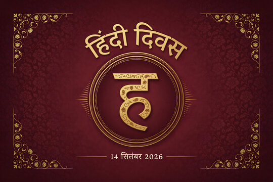 Hindi diwas featuring the golden devanagari letter ha with intricate floral filigree patterns inside a circular frame, maroon background