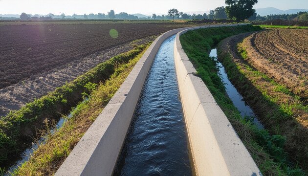 Modern concrete irrigation canal in rural agricultural farmland