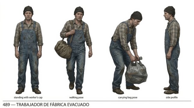 Digital illustration of an evacuated factory worker in multiple poses: standing, walking with a duffel bag, and carrying a heavy load. Character concept art ideal for themes of labor, 